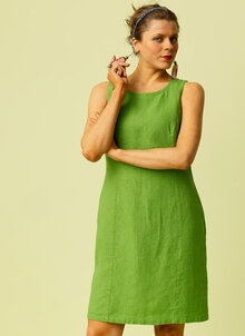 Grön, bararmad figursydd linneklänning i Jackie Kennedy stil Kandus K&US linnekläder
