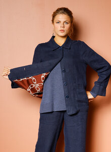 Blå linnejacka, workwearjacka, french work jacka i fiskbensväv. K&US design