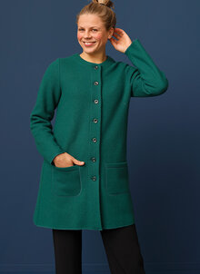 Grön ulljacka, lång kofta i kokad ull. Kraglös, rundhalsad, fickor. K&US