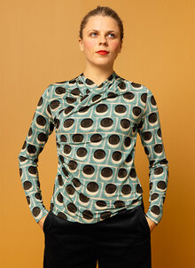 Prickig omlottblus, tröja trikå i omlott. Prickig turkos, svart, vit. K&US Kandus unik svensk design