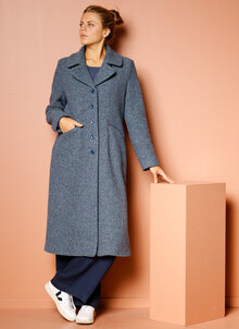 Klassisk blå fiskbensmönstrad rock, kappa i ull. K&US Kandus design